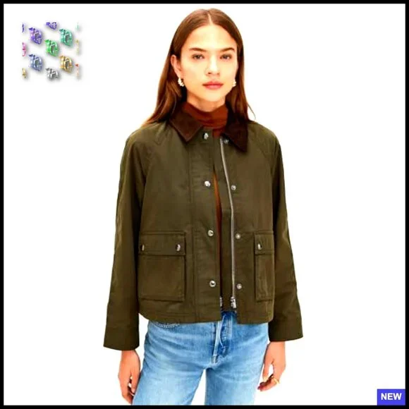 Waxed Canvas Barn Jacket Zip Front Corduroy Trim Classic Preppy Outerwear - Picture 2 of 6